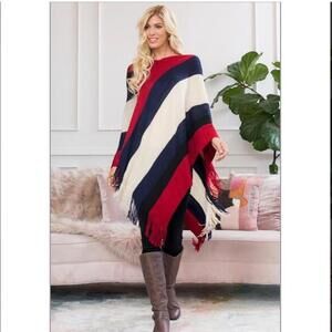 Asymmetrical Red Navy Striped Poncho Sweater